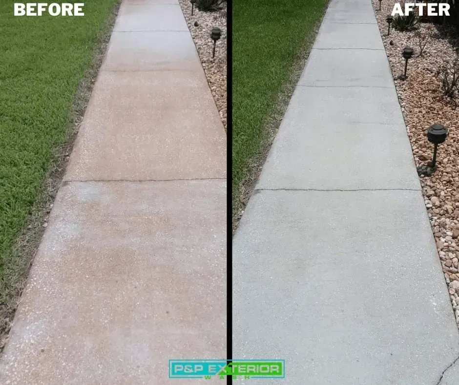 Before-and-after of a cleaned concrete sidewalk, stained beige to bright gray beside grass and landscaping.