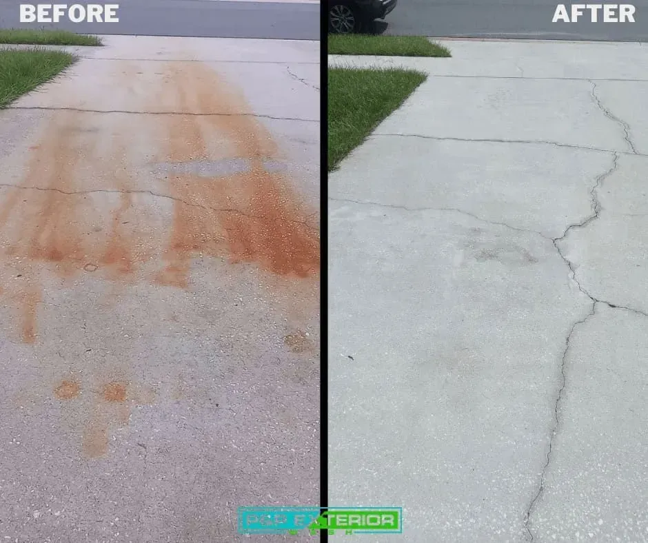 Before-and-after driveway cleaning: orange stains removed from concrete pavement.