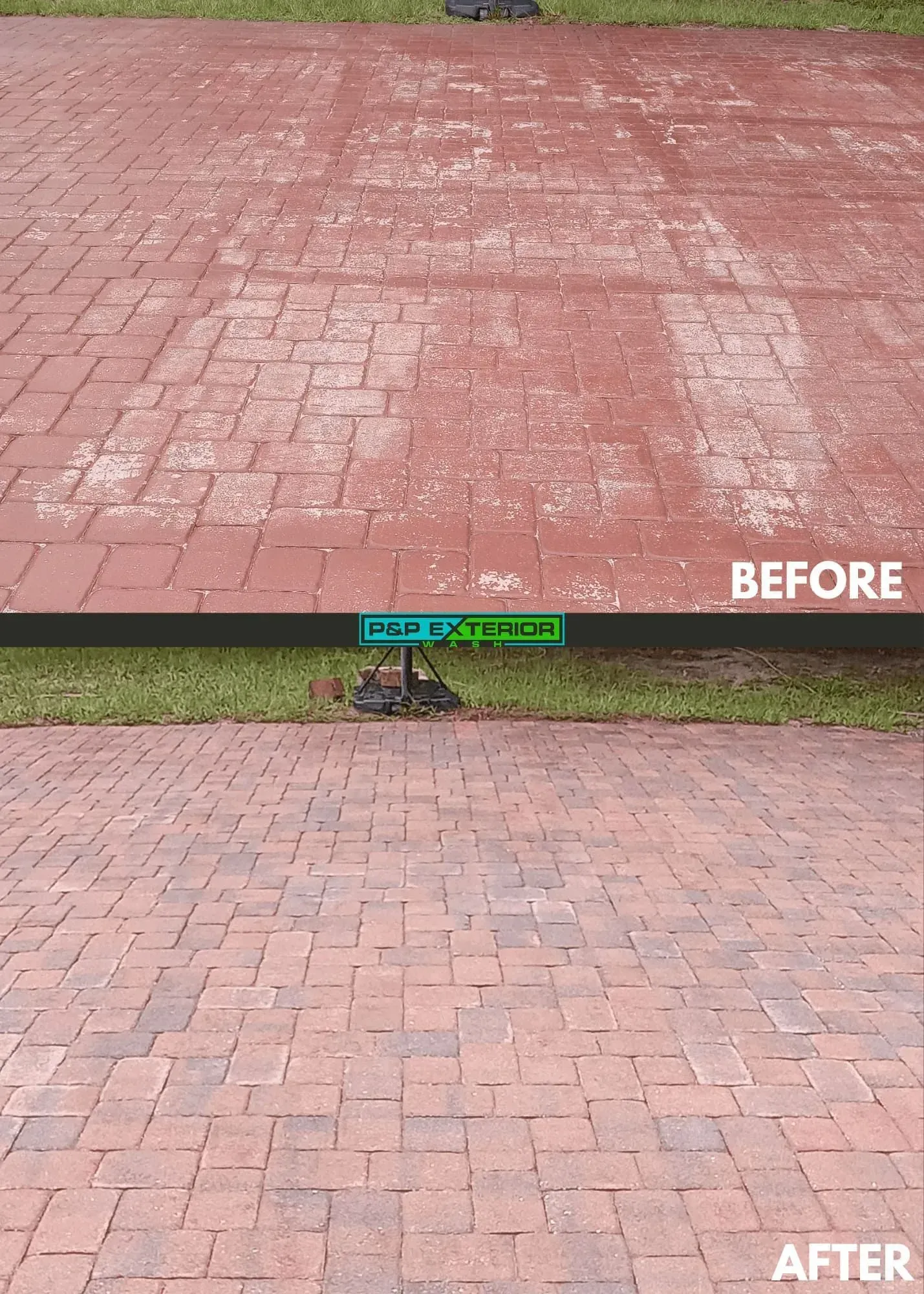 Before-and-after view of a red brick patio, showing a cleaner, restored surface after pressure washing.