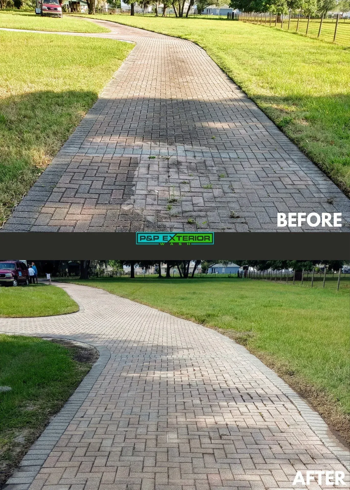 Before-and-after view of a brick walkway repair beside a grassy park path, with the path flattened and cleaner.