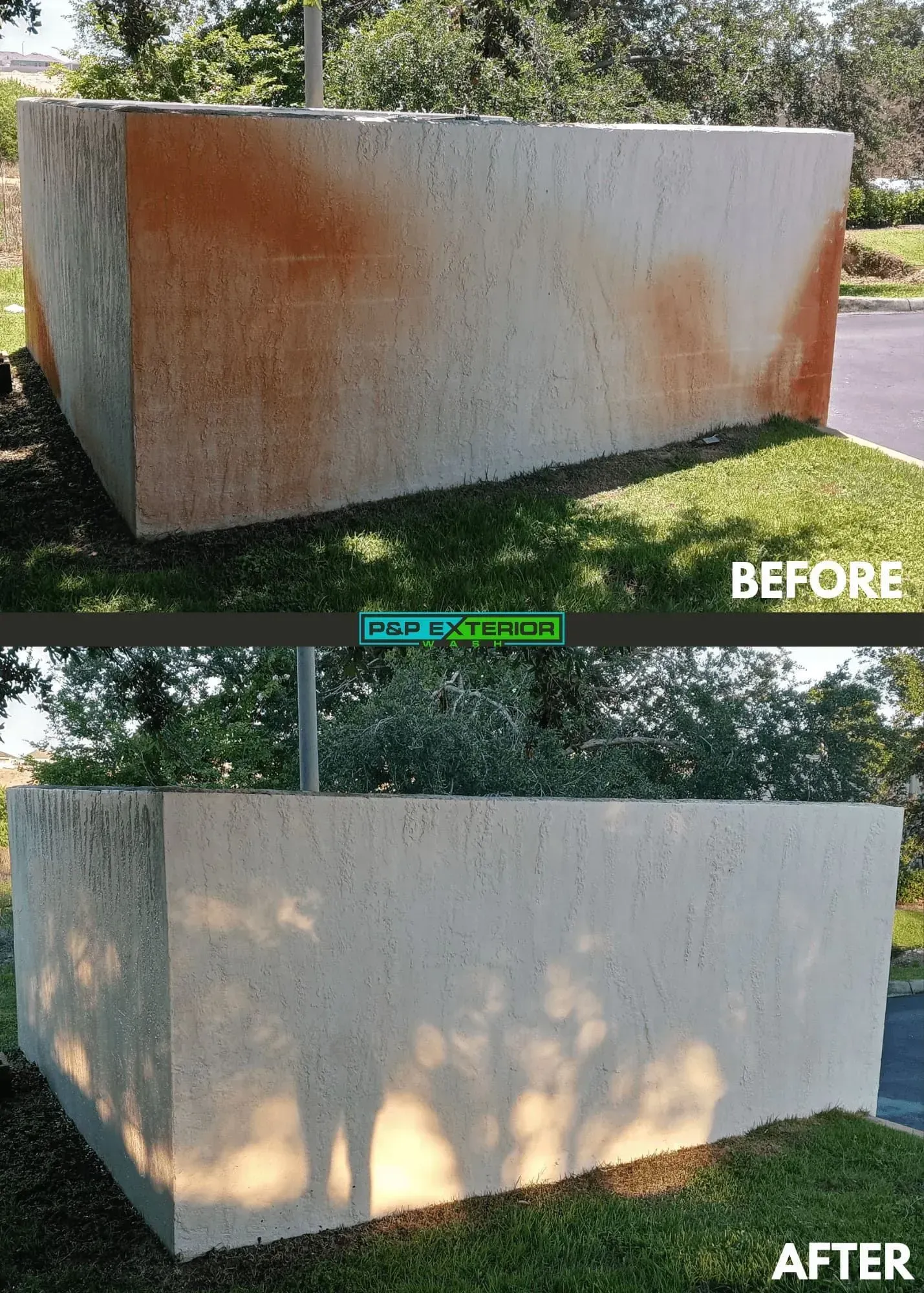 Before-and-after of a concrete wall cleaned to remove orange rust stains.