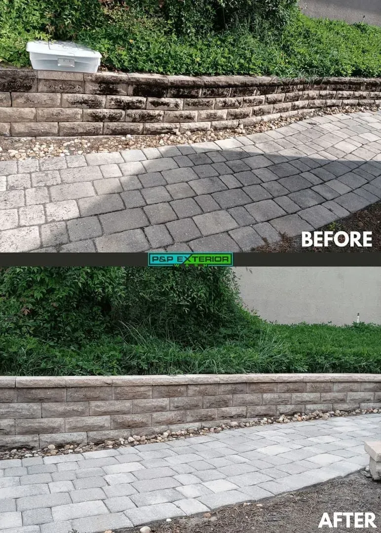 Before-and-after of a stone retaining wall and paved walkway, showing improved cleanup and landscaping.