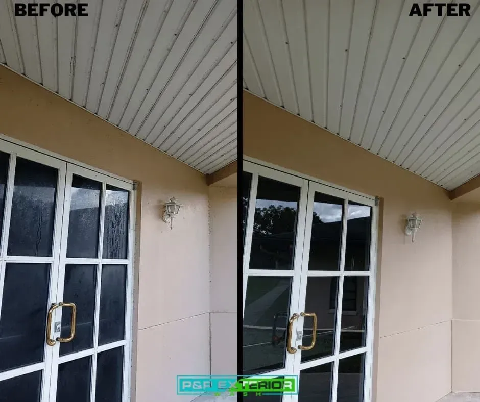 Before-and-after view of a porch ceiling and door, showing a cleaner, brighter finish.