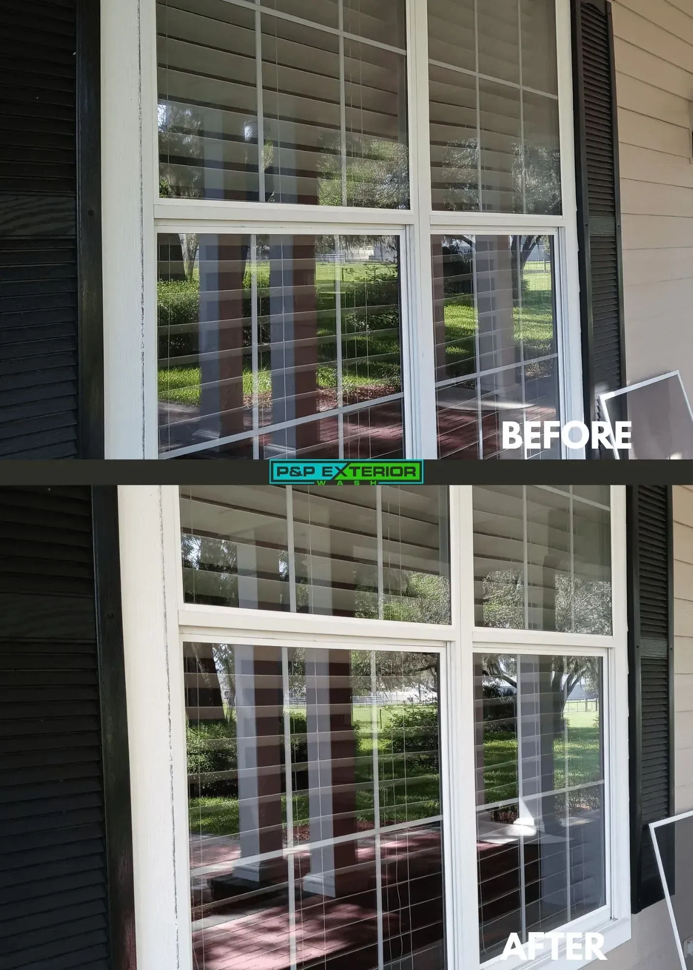 Before-and-after view of a white window with blinds and reflections on a house exterior.