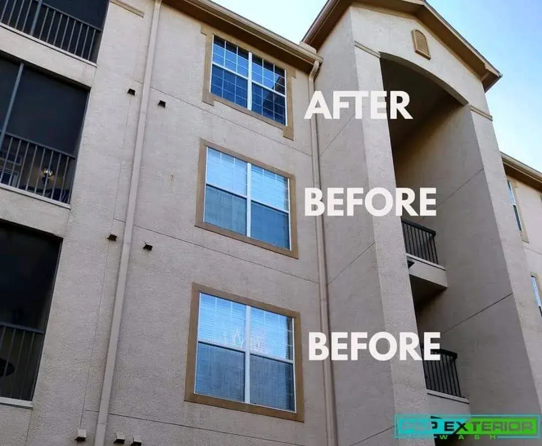 Apartment building facade labeled “AFTER” and “BEFORE” showing window replacement comparison.
