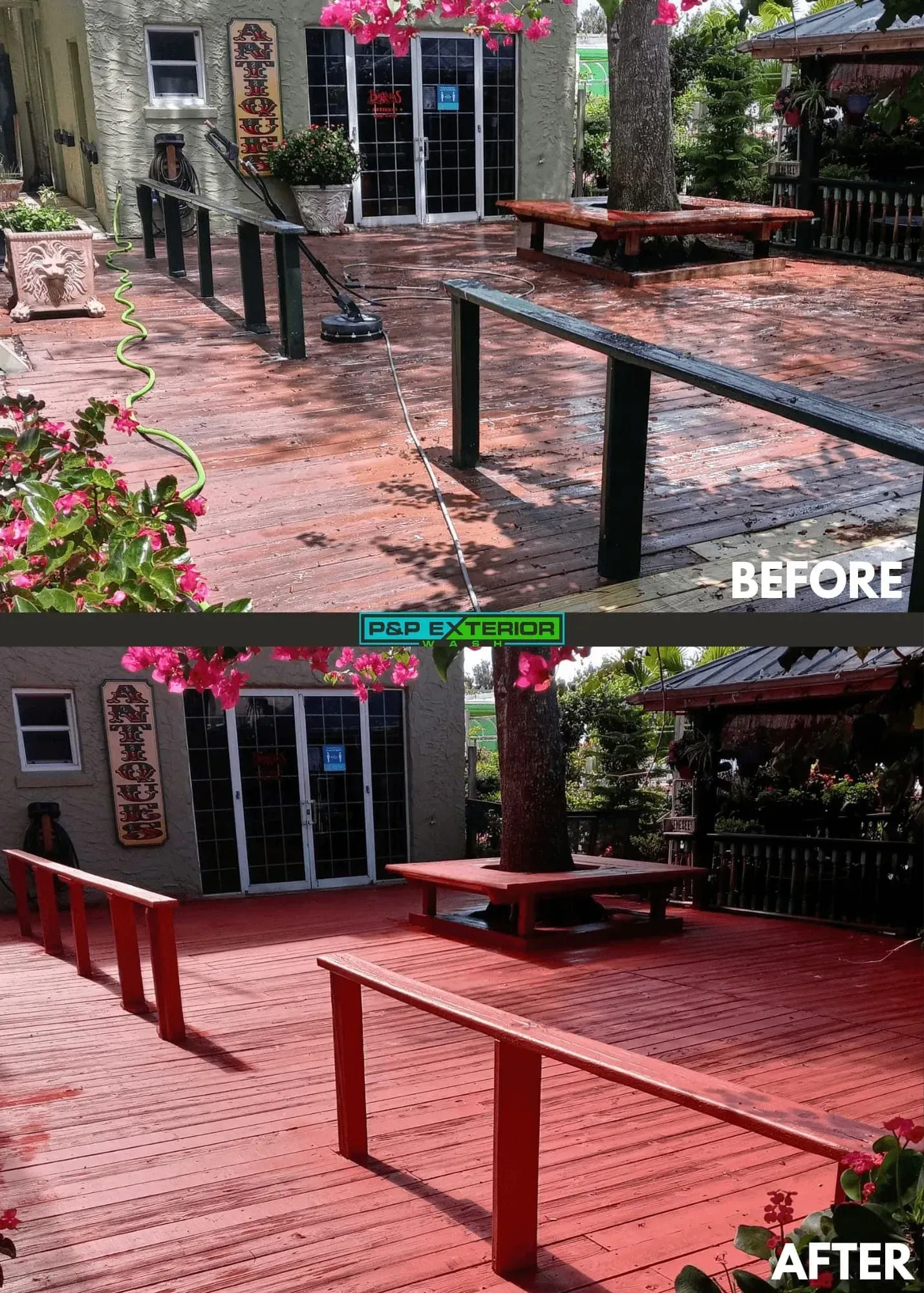 Before-and-after patio deck renovation: black railing changed to red on a brick-pattern surface.