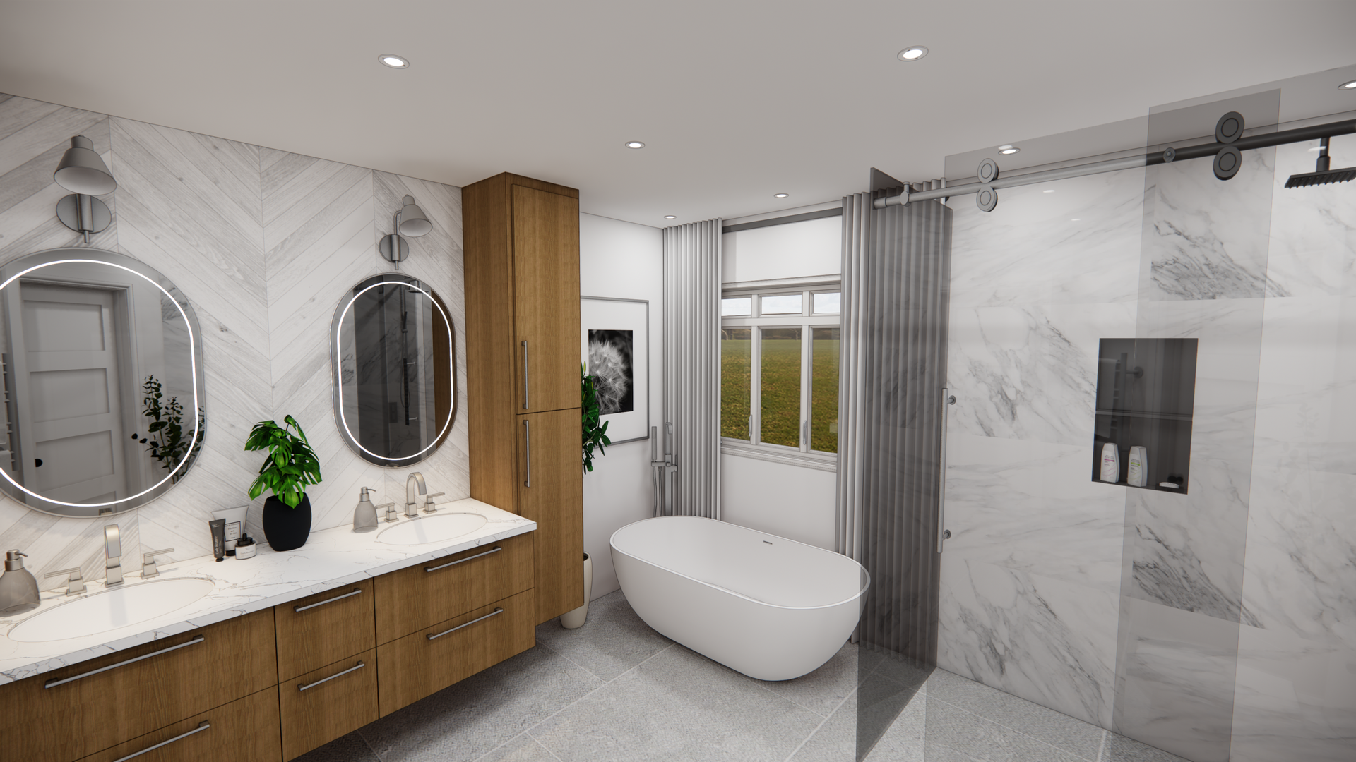 Salle de bain moderne avec murs en marbre, vanité en bois, miroirs ovales et baignoire autoportante.