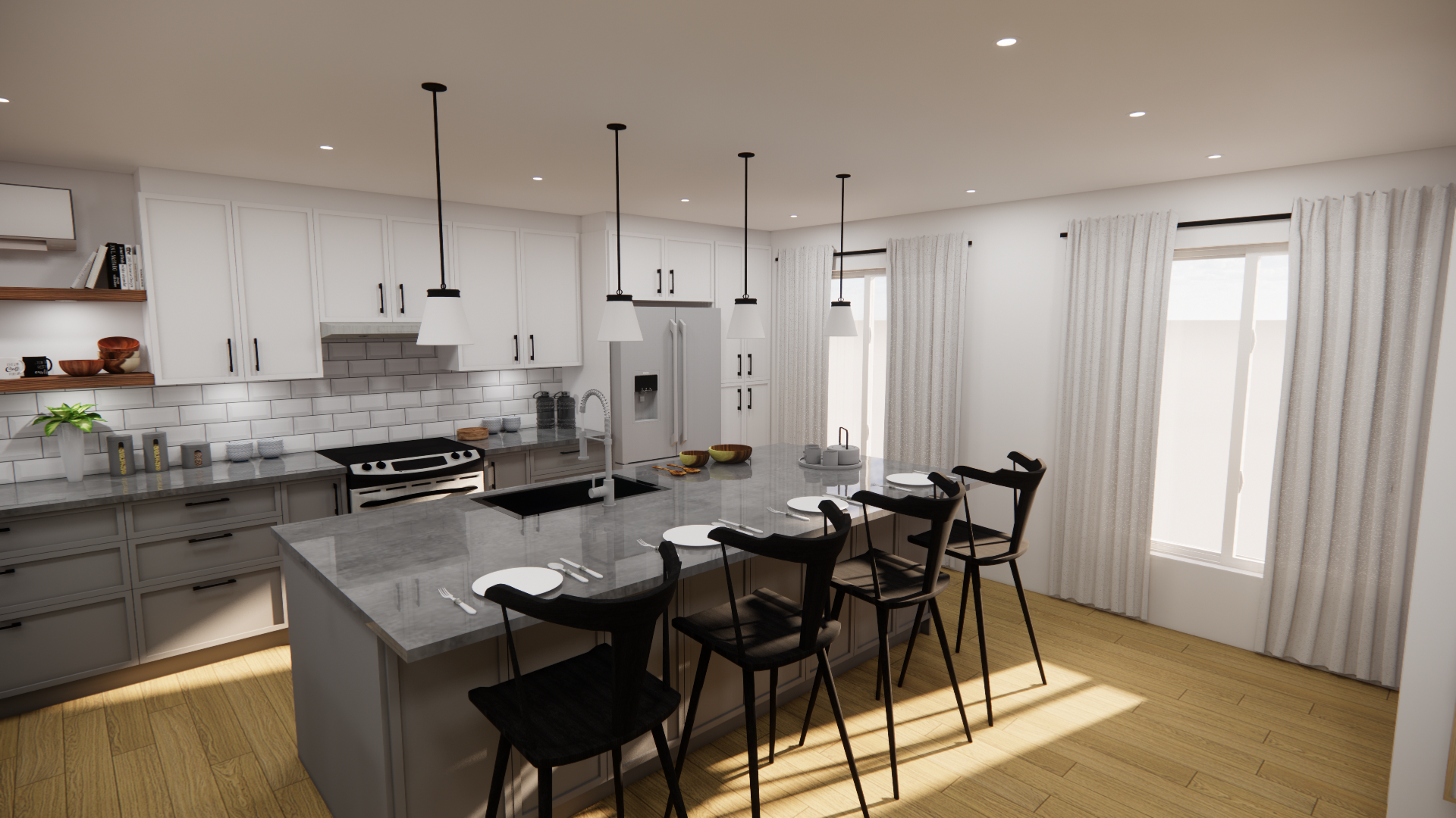 Cuisine moderne avec îlot gris, armoires blanches, chaises noires et parquet. La lumière du soleil entre à flots.