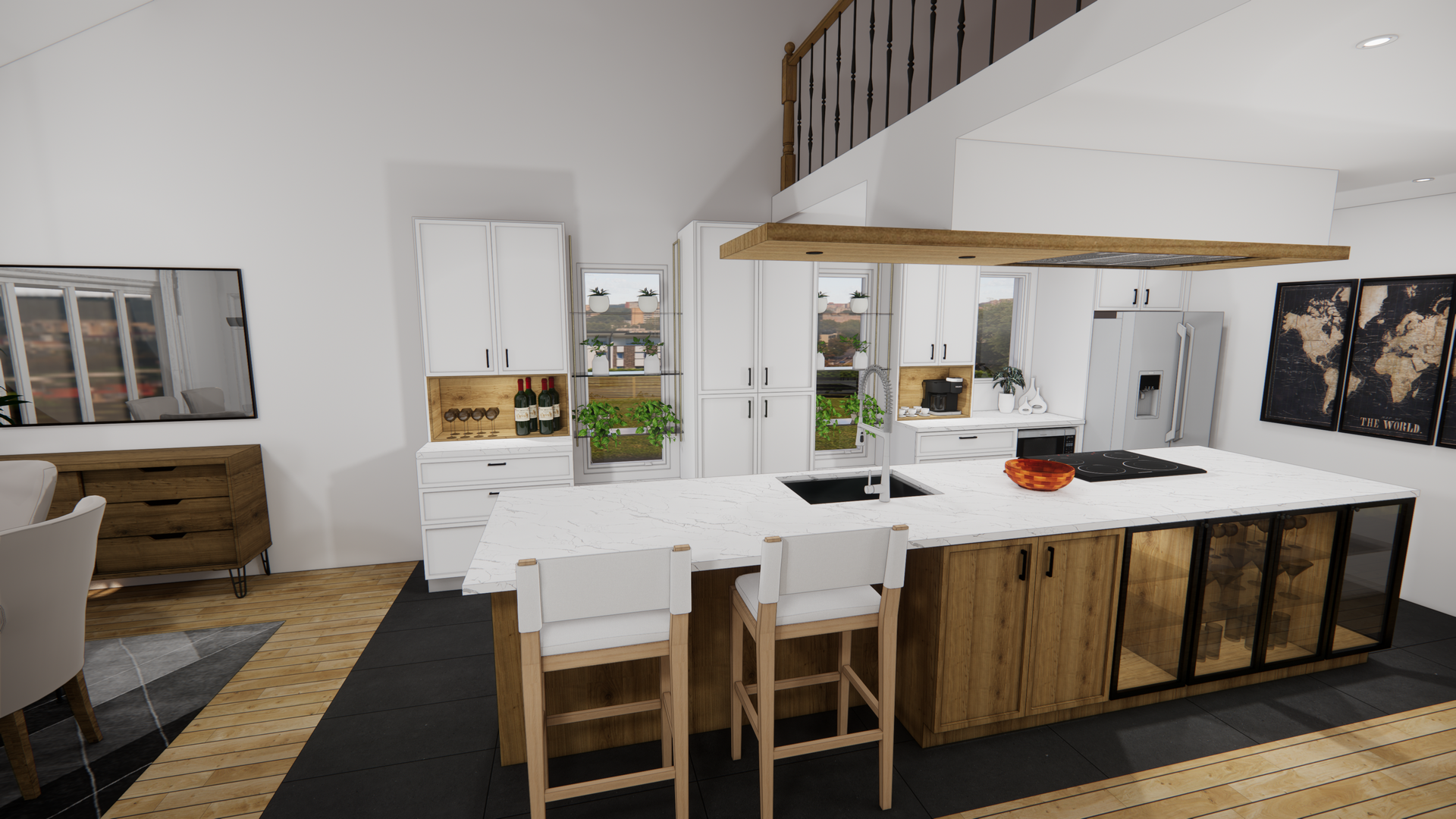 Cuisine moderne avec un grand îlot, des armoires blanches et des accents en bois.