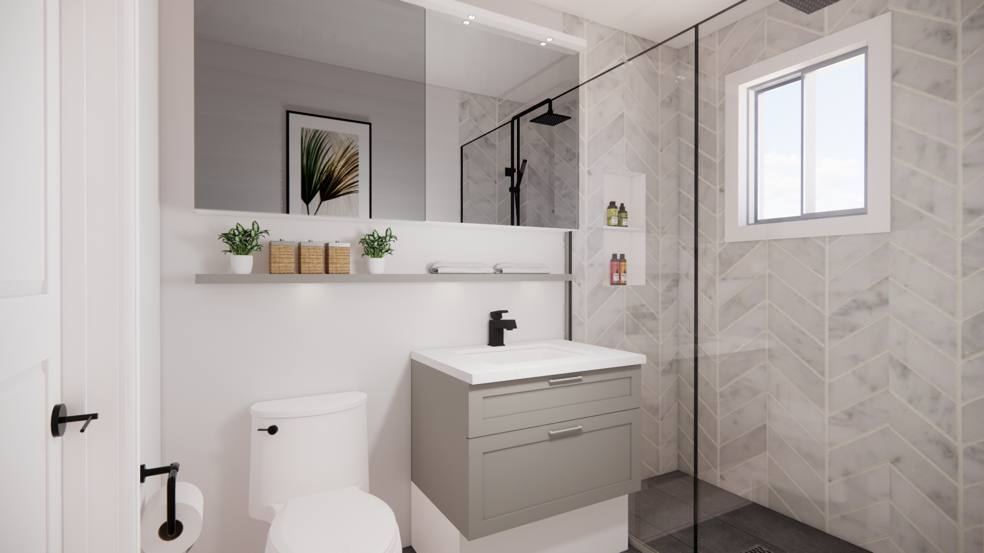 Salle de bain moderne avec vanité grise, douche en verre, toilettes blanches et carrelage à chevrons.