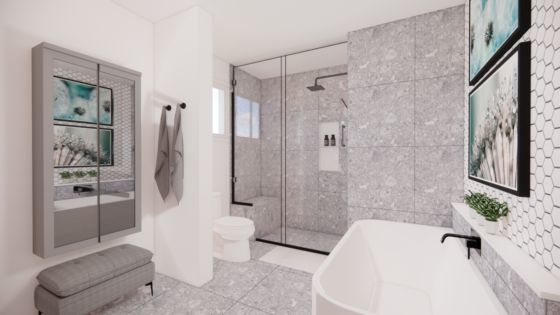 Salle de bain moderne avec carrelage gris, douche en verre, baignoire blanche, œuvres d'art et banc gris.