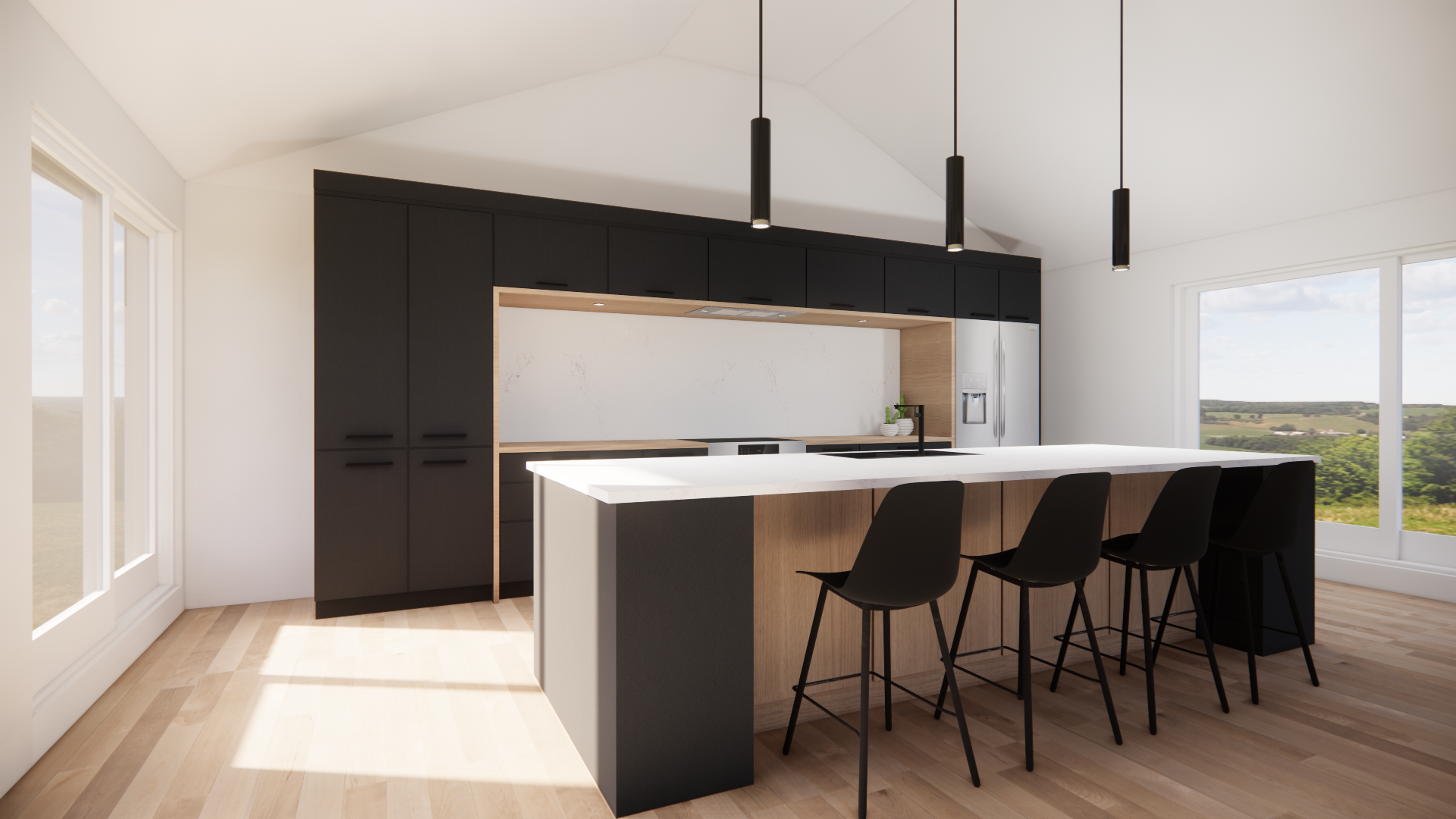 Cuisine moderne avec armoires noires, îlot en bois clair, tabourets de bar et luminaires suspendus.
