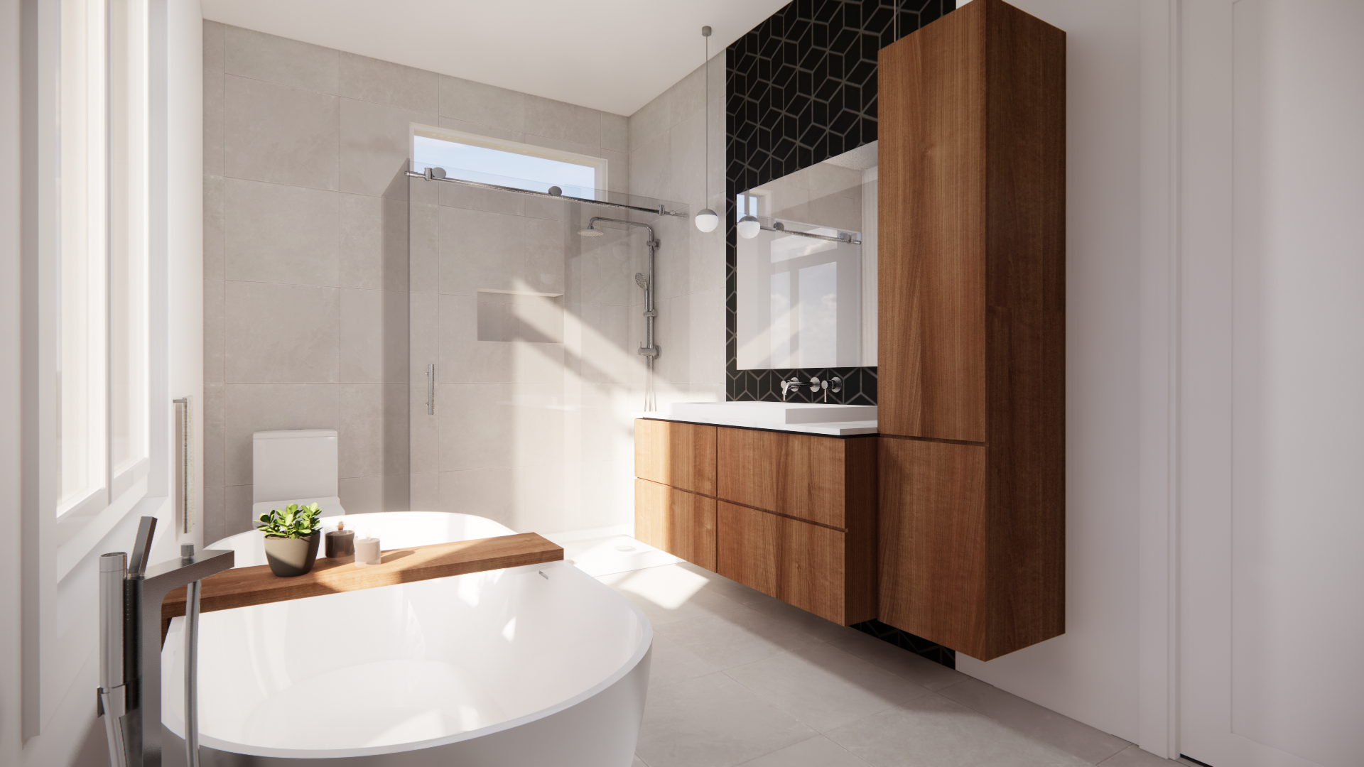 Salle de bain moderne avec armoires en bois, baignoire et douche à l'italienne.