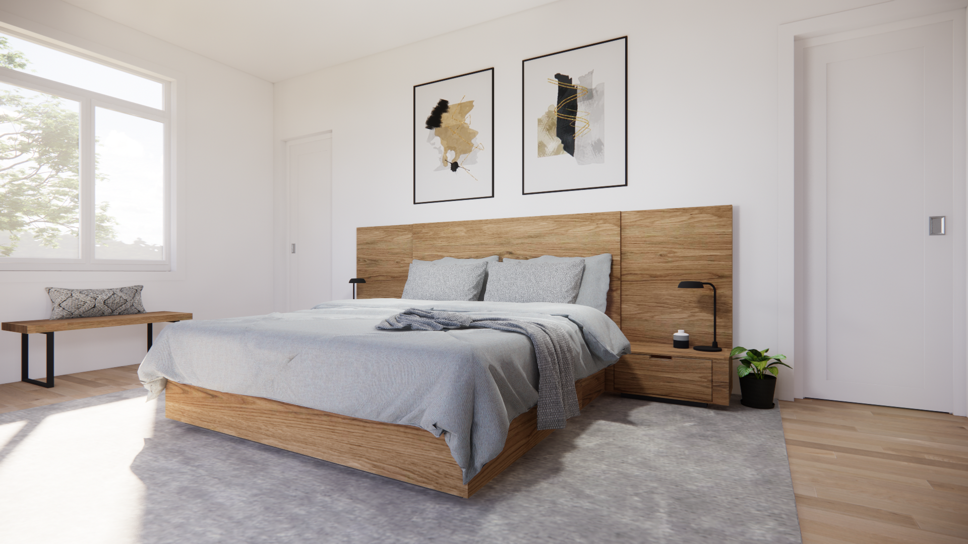 Chambre avec lit en bois clair, tête de lit, deux œuvres d'art encadrées et une fenêtre.