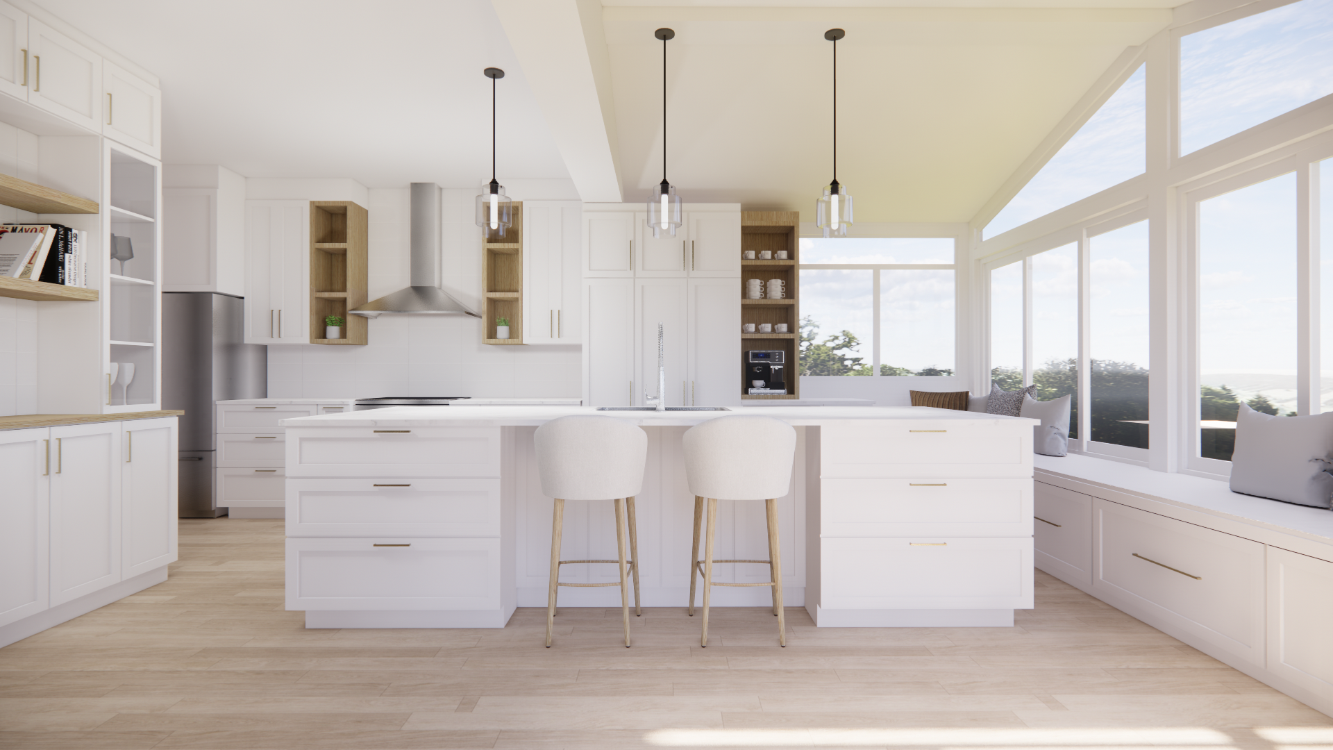 Cuisine lumineuse et blanche avec îlot, tabourets, armoires et grandes fenêtres donnant sur une vue extérieure panoramique.