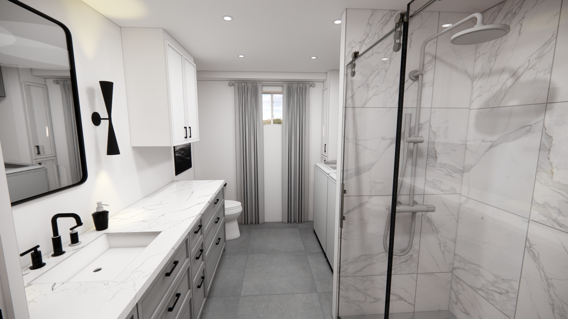Salle de bain moderne : longue et étroite, blanche et grise. Douche en marbre, meuble-lavabo avec robinetterie noire, fenêtre avec rideaux.