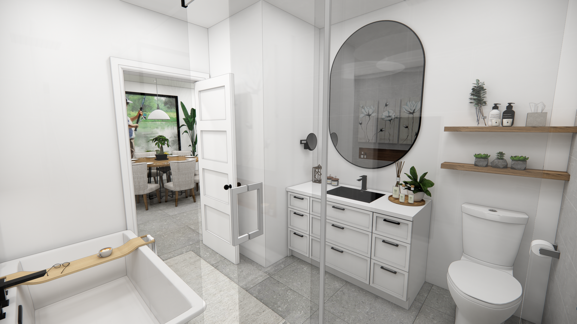 Salle de bain blanche moderne avec baignoire, meuble-lavabo et toilettes. Une porte mène à la salle à manger.
