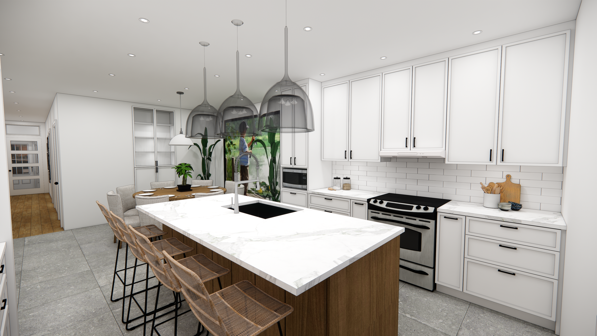 Cuisine blanche moderne avec îlot, armoires en bois, sièges et luminaires suspendus.