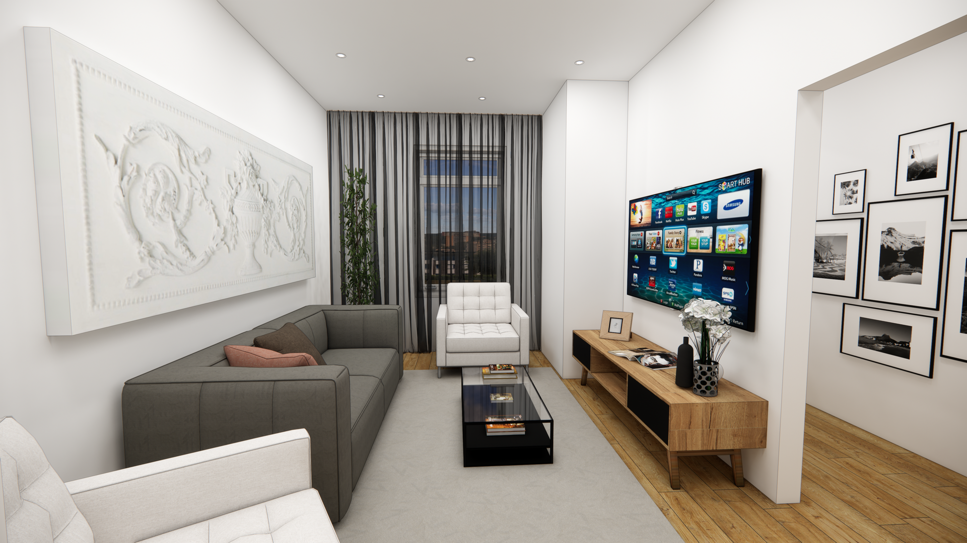 Salon moderne avec canapé gris, chaise blanche, télévision au mur et photos encadrées.