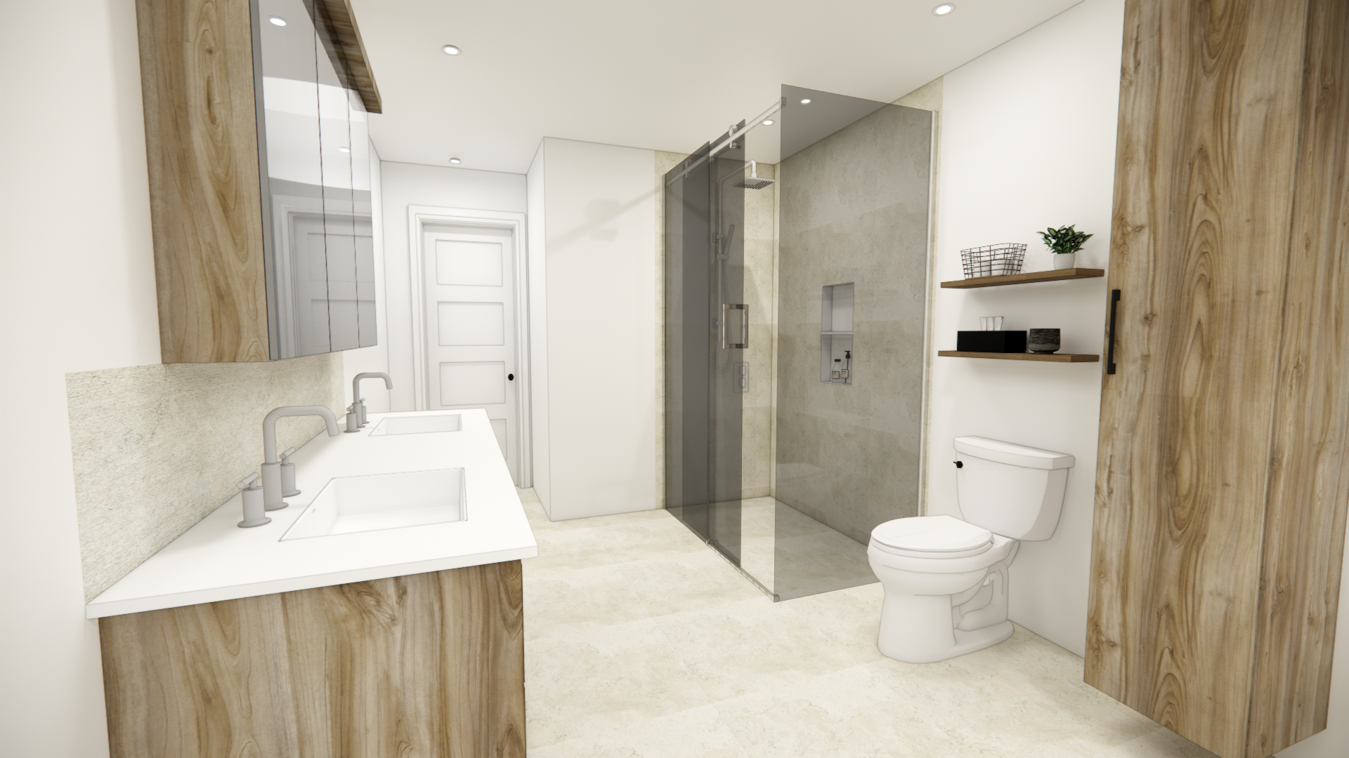 Salle de bain moderne avec armoires en bois, douche en verre, murs blancs et toilettes.