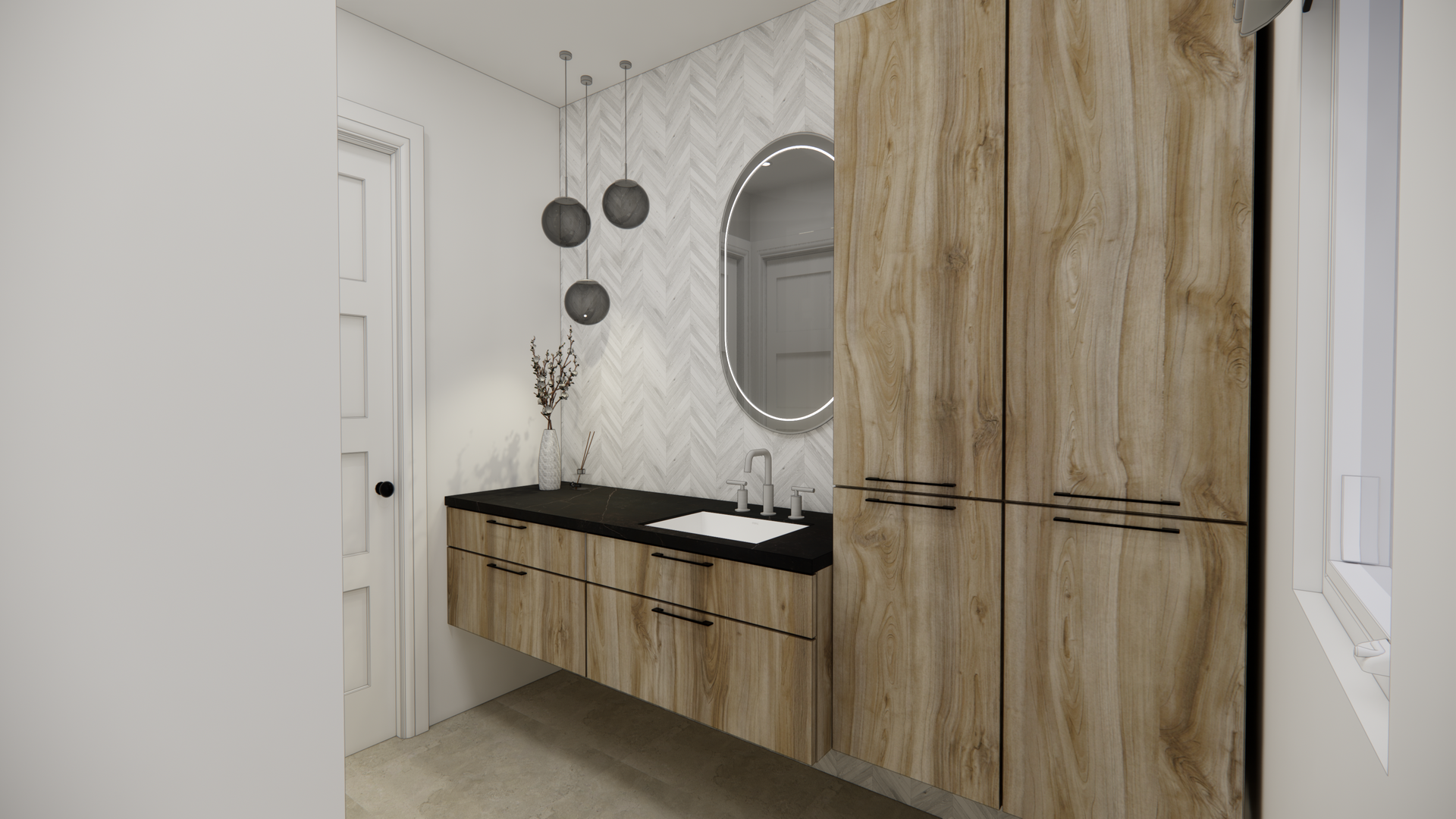 Salle de bain moderne avec armoires en bois, miroir ovale et comptoir noir.