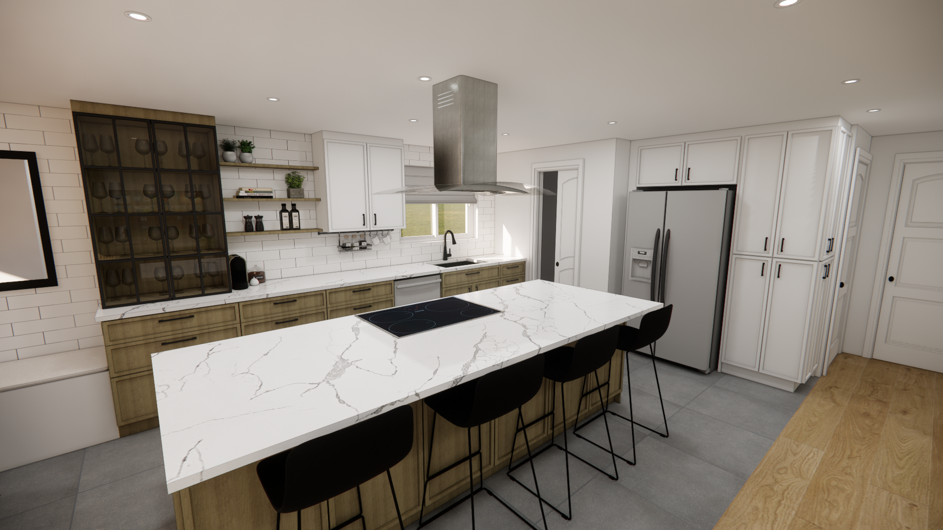 Cuisine moderne avec îlot, armoires blanches, accents de bois, appareils électroménagers en acier inoxydable et tabourets de bar noirs.