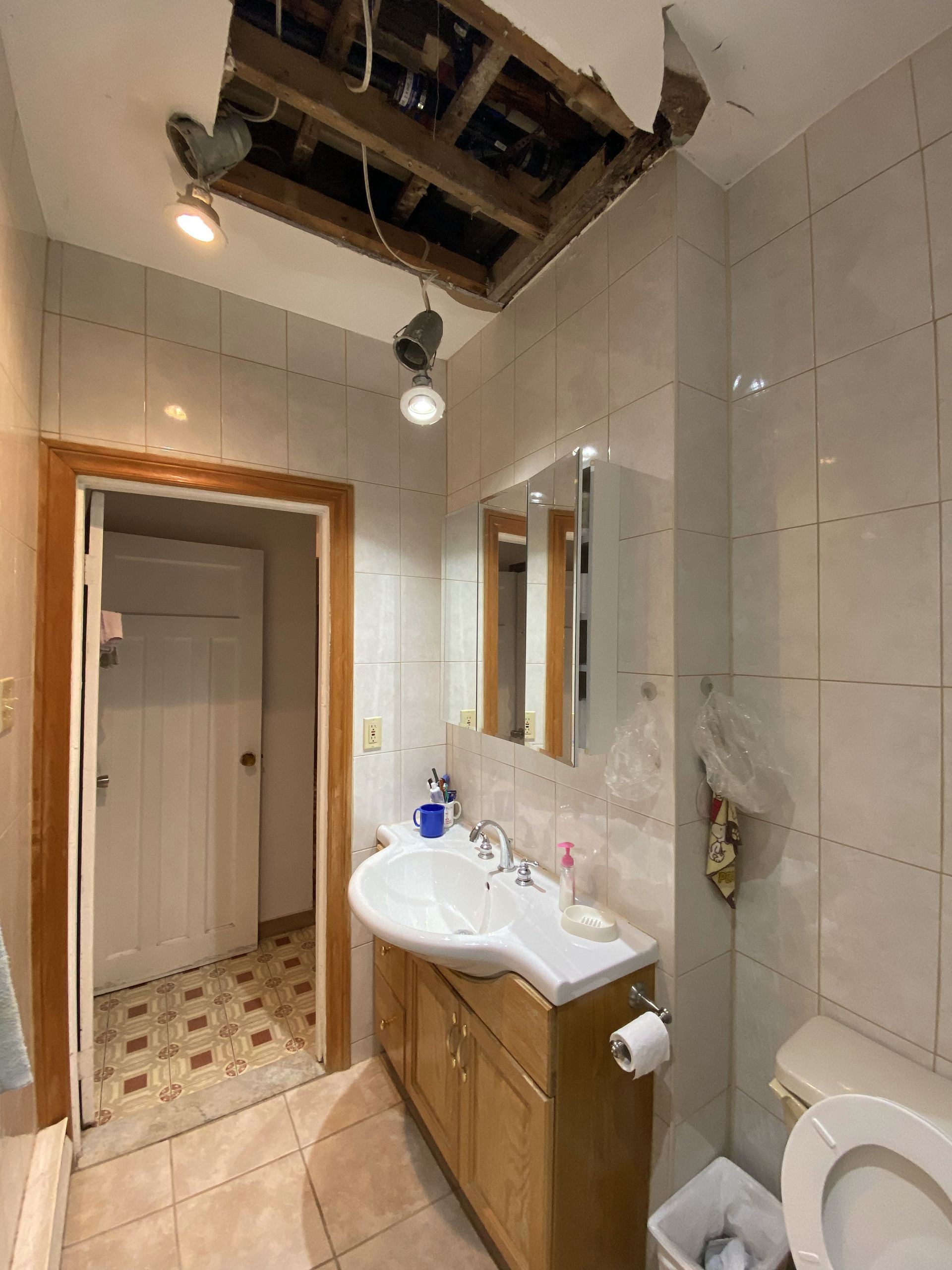 Intérieur de salle de bain avec plafond, lavabo, miroir et toilettes endommagés. Une porte mène à une autre pièce.