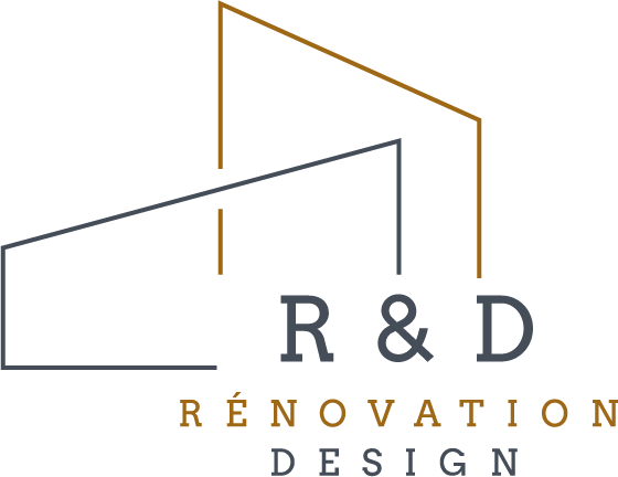 Logo pour R&D Rénovation Design : Contours de maison stylisés superposés au-dessus des inscriptions grises « R & D » et marron « RÉNOVATION DESIGN ».