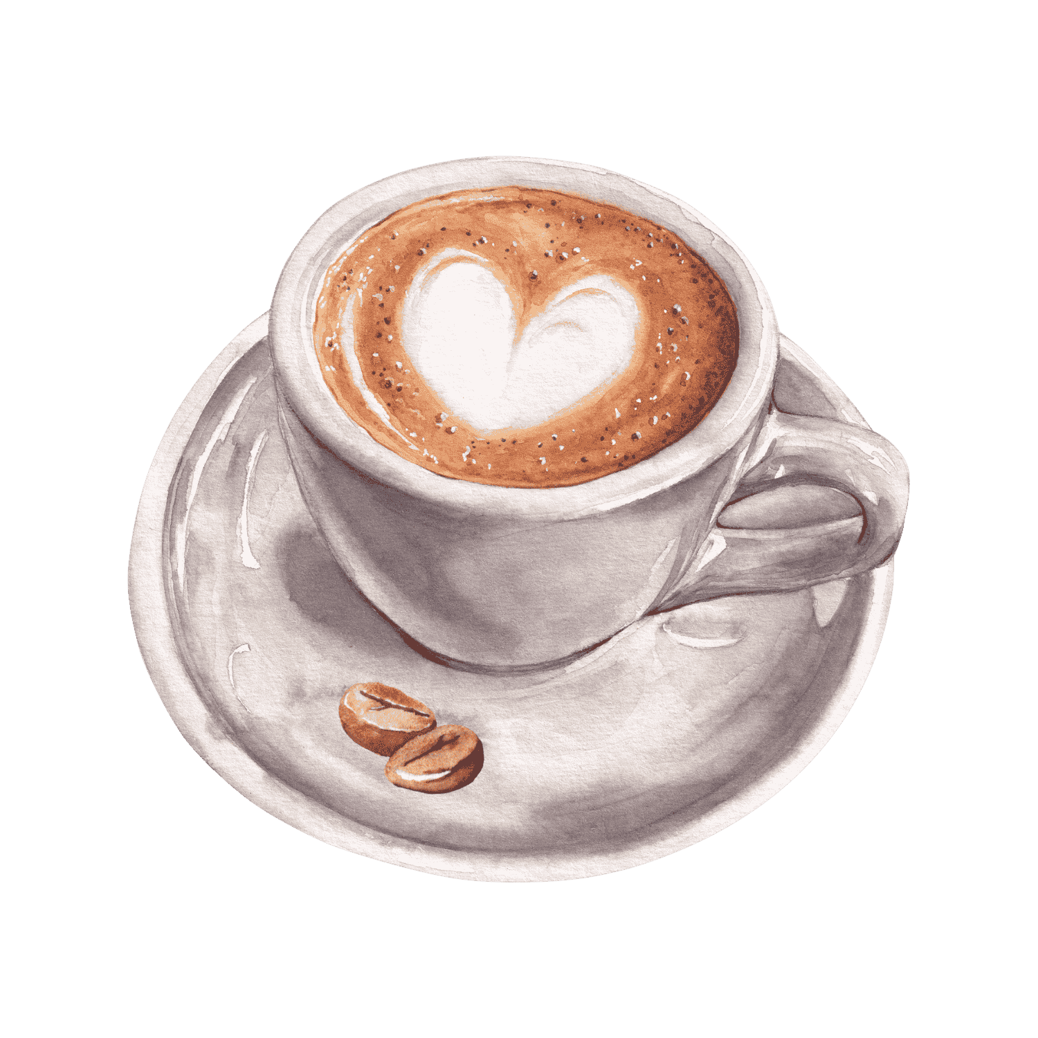 A cup of cappuccino with a heart shaped latte art on a saucer.