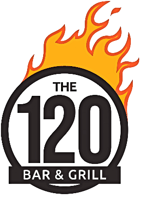 Logo for The 120 Bar & Grill with a black circle, bold number 120, and orange flames above it