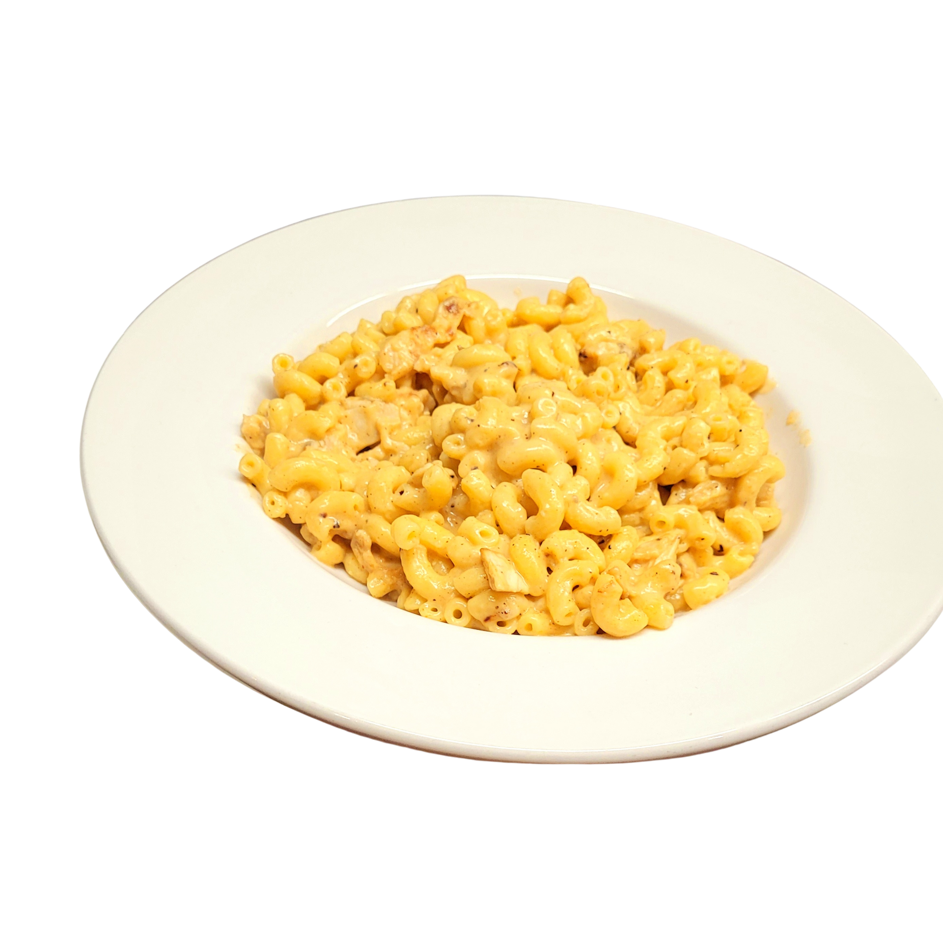 A white plate of macaroni and cheese on a plain background