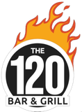 The 120 Bar & Grill logo with white text and orange flames above a circular design