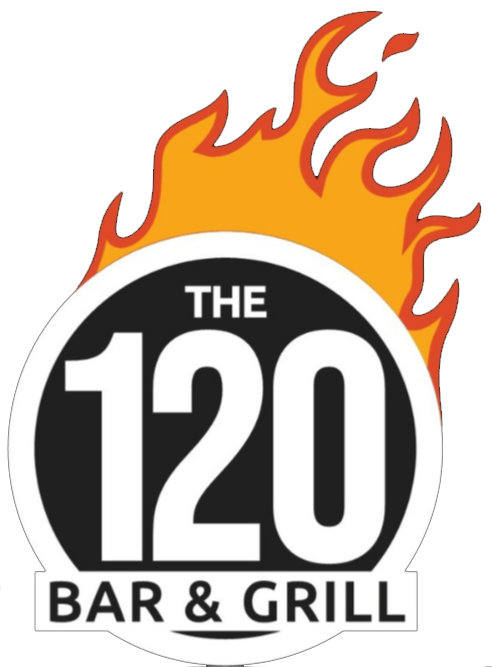 The 120 Bar & Grill logo with white text and orange flames above a circular design