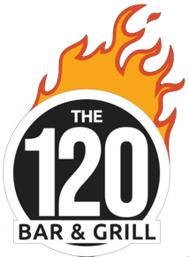 The 120 Bar & Grill logo with white text and orange flames above a circular design