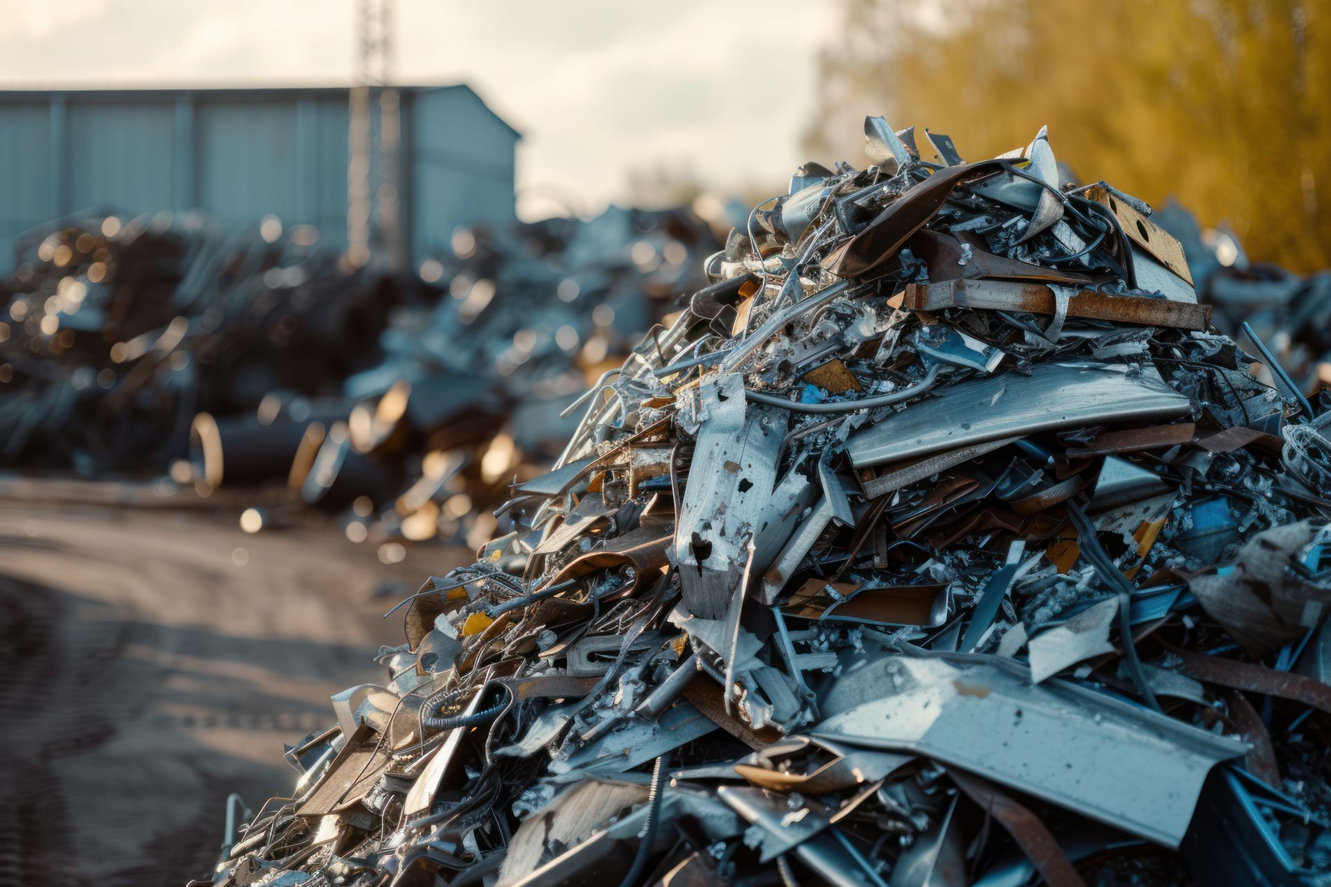 Male worker standing in metal junk yard with crane lifting scrap metal for recycling. Metal recycling facility processing scrap steel and mixed metals for sustainable material recovery.