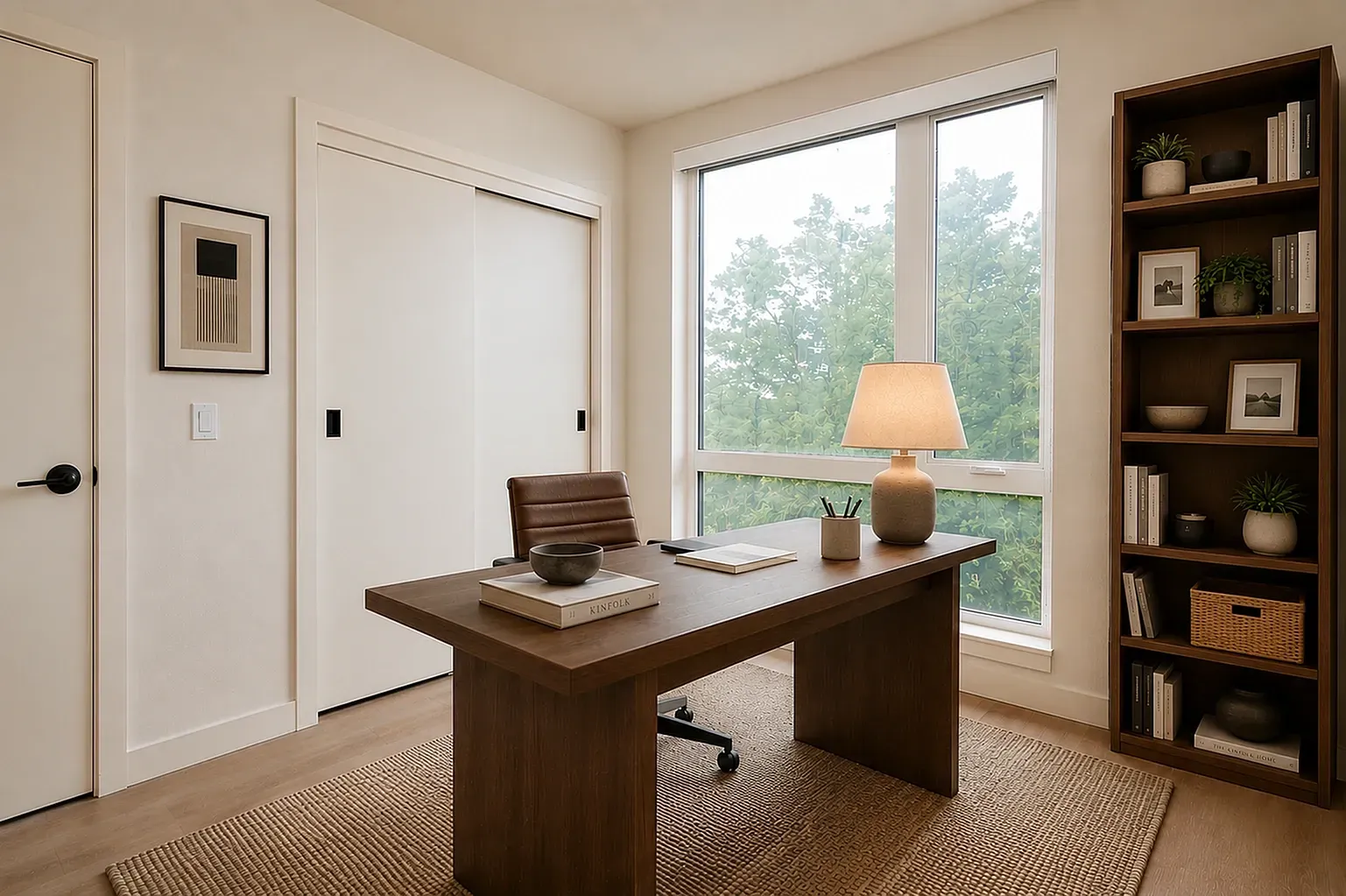 Home office setup with a dark wood desk, leather chair, and a bookshelf.