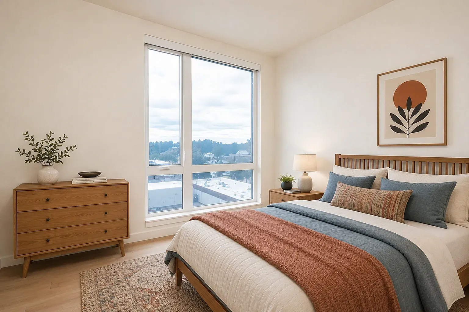 Modern bedroom with a large window, queen bed, and wooden dresser.