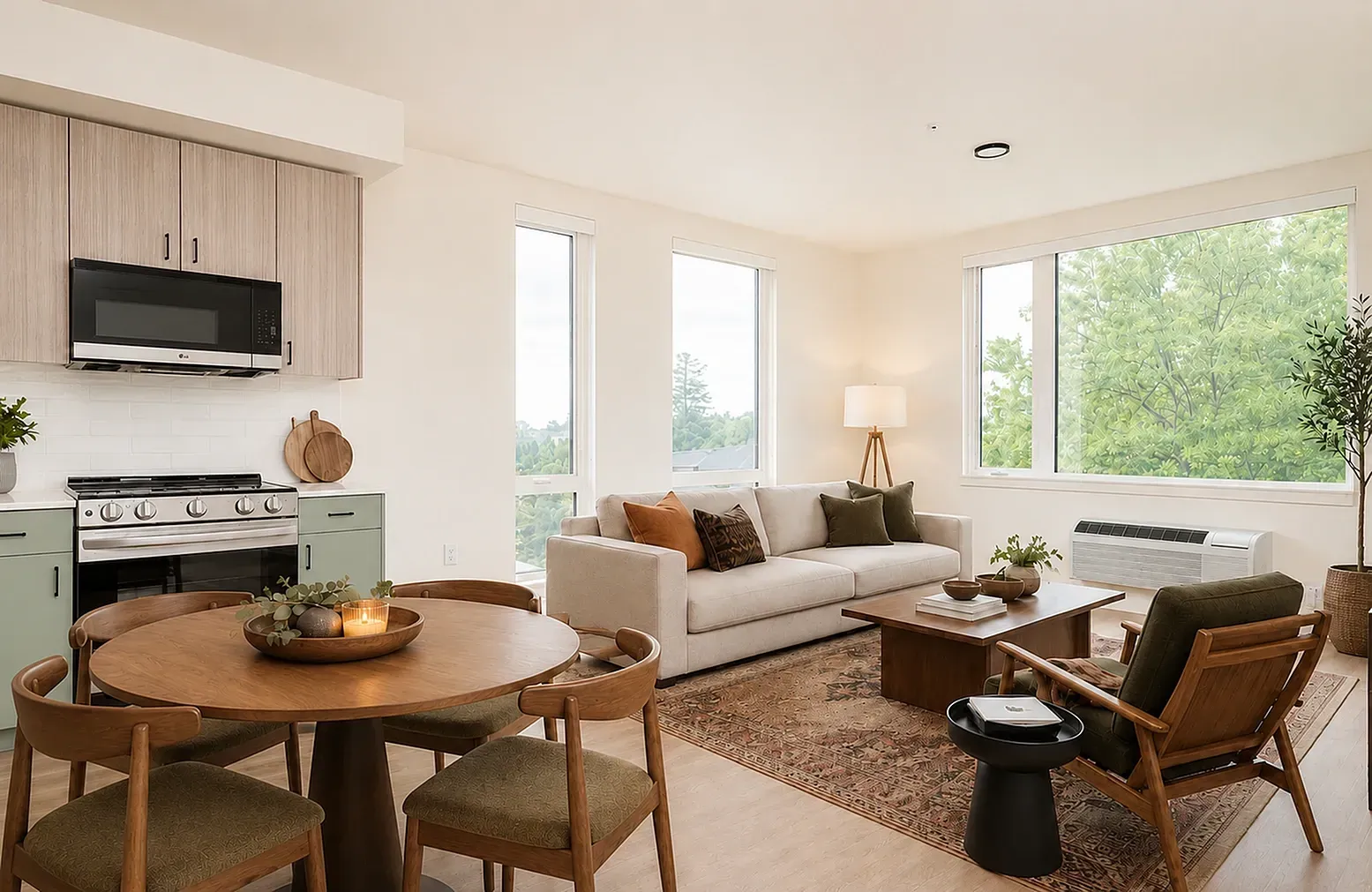 Open-concept living and dining area with a modern kitchen.