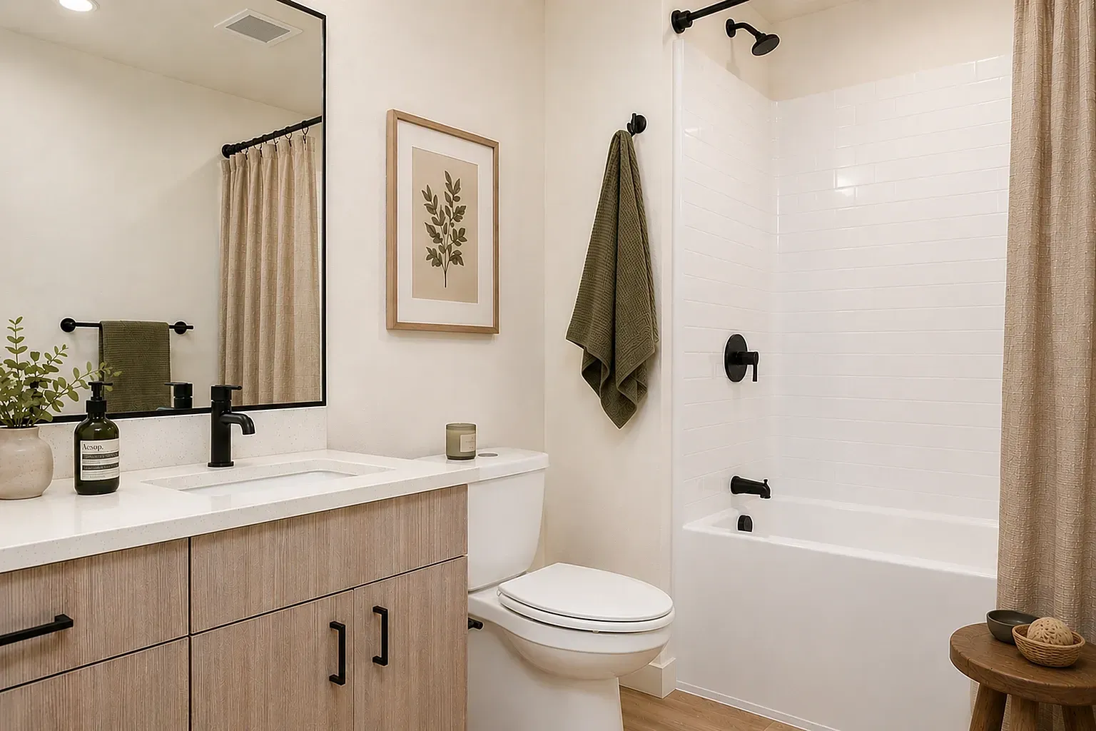 Modern bathroom with vanity, toilet, and tub-shower combo.