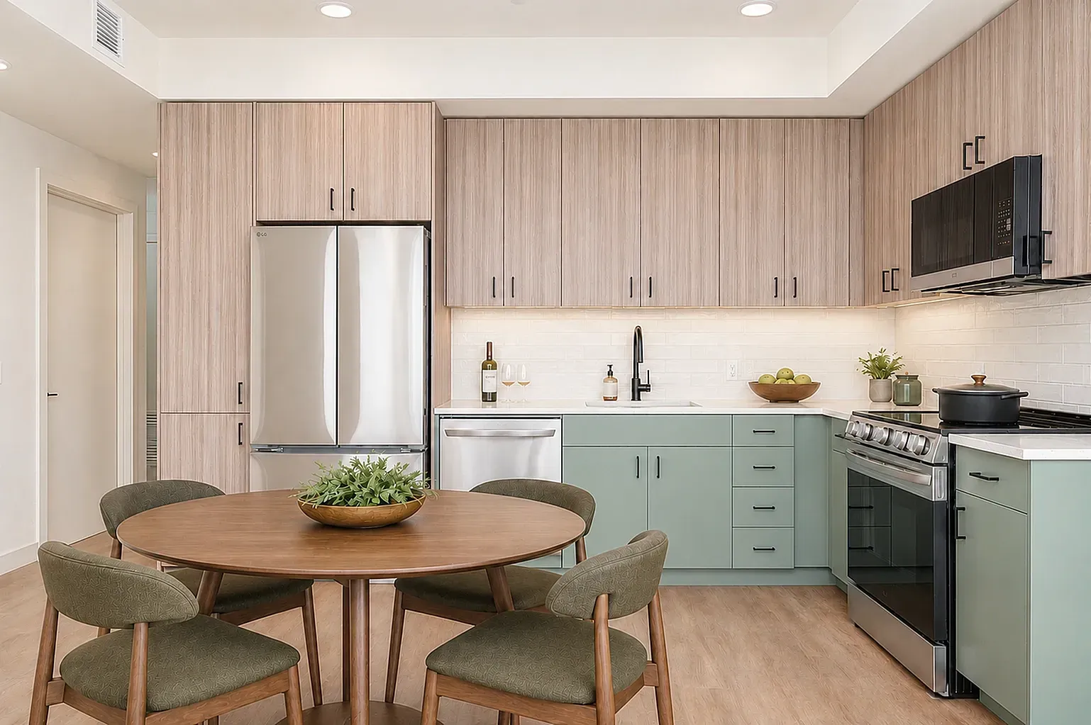 Modern kitchen with stainless steel appliances, light wood cabinets, and sage green lower cabinets.