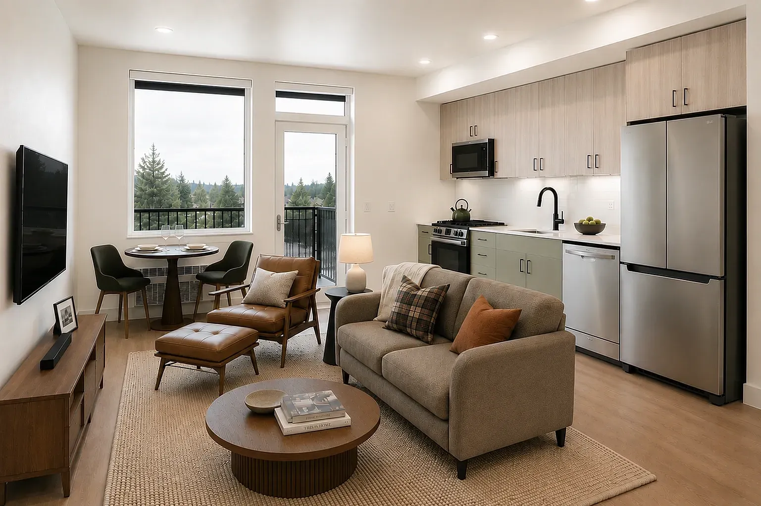 Living room with sofa, chairs, and dining table; open kitchen with stainless steel appliances.
