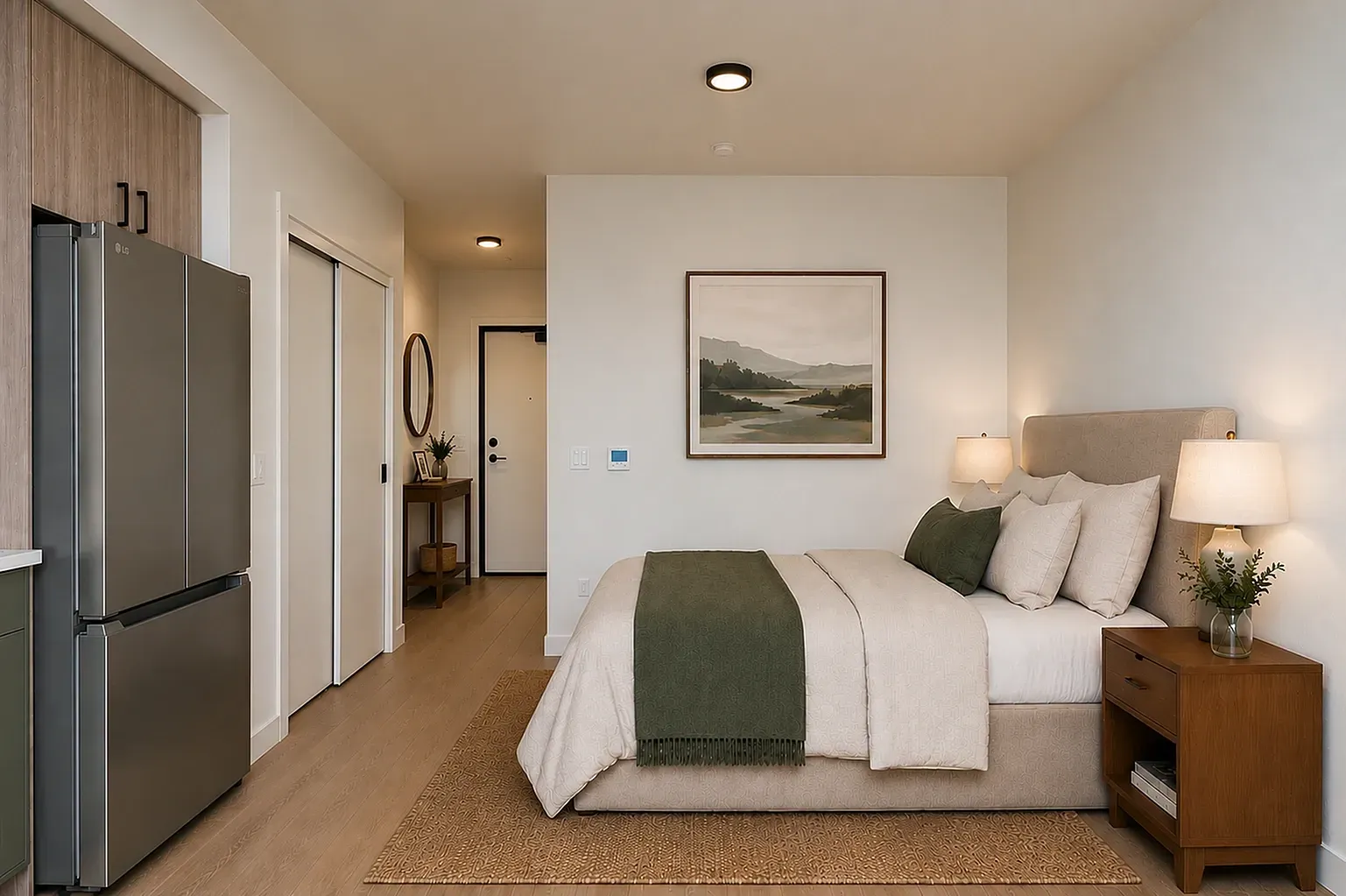 Bedroom with queen-size bed, nightstand, and dresser.