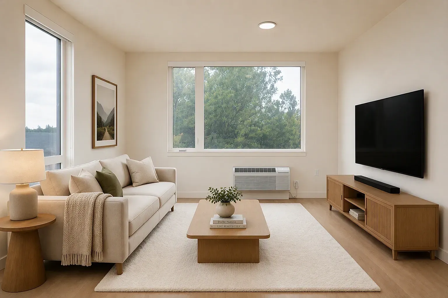 Living room with sofa, coffee table, TV, and large windows.