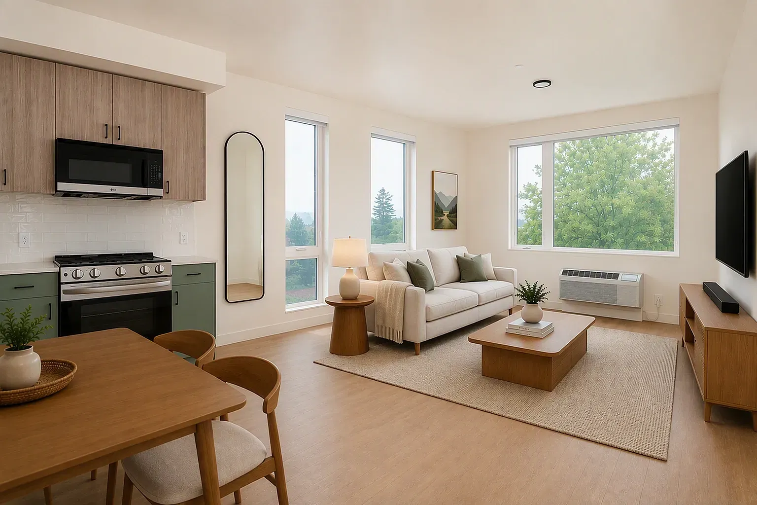 Open-concept living and dining area with kitchen.
