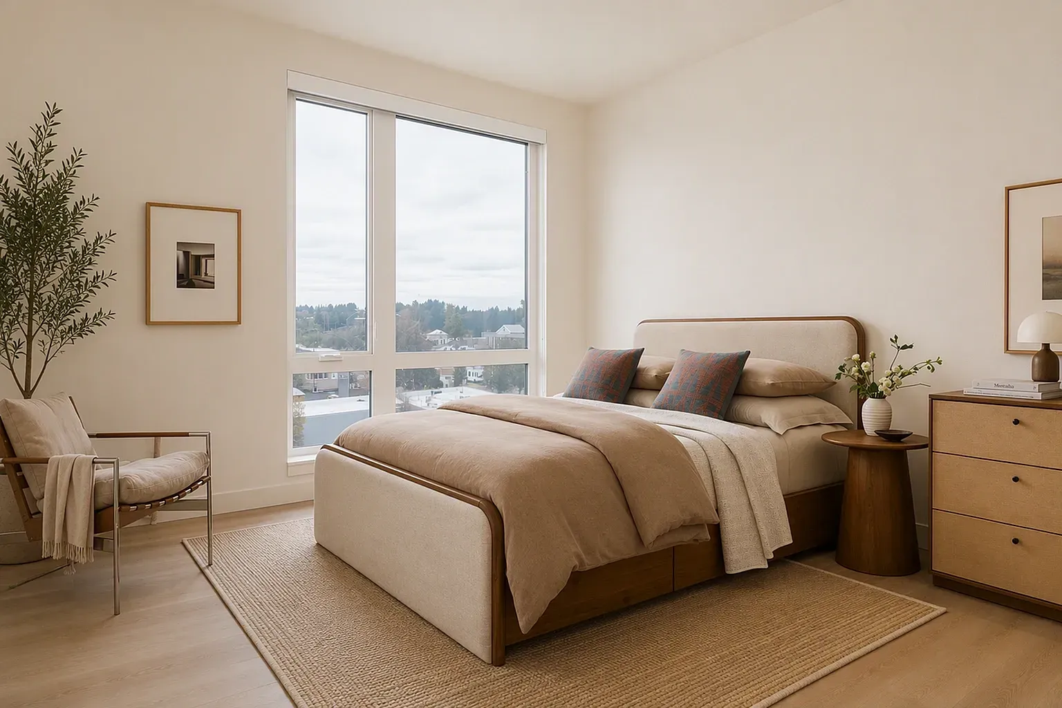 A chic bedroom featuring a queen-size bed with neutral bedding, a modern armchair, and a large window with city views.