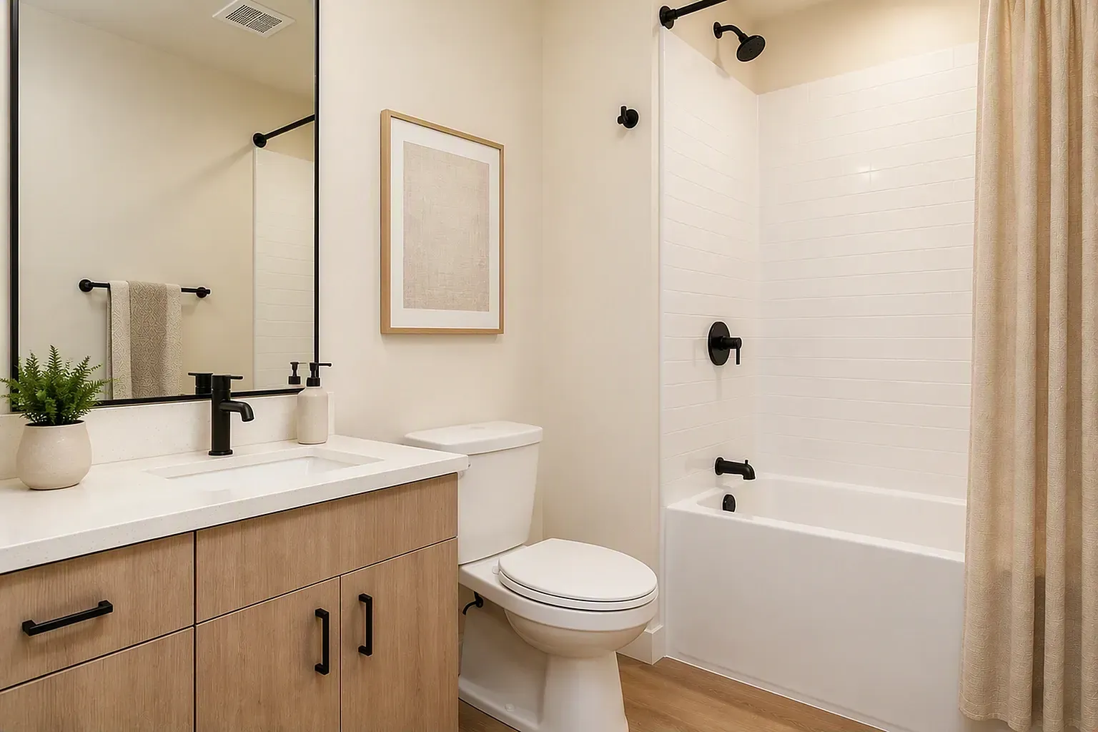 Modern bathroom with a vanity, toilet, and bathtub with shower.