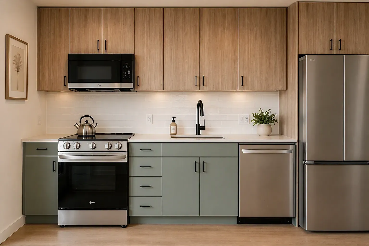 Modern kitchen with wood cabinets, grey lower cabinets, stainless steel appliances, and white subway tile backsplash.