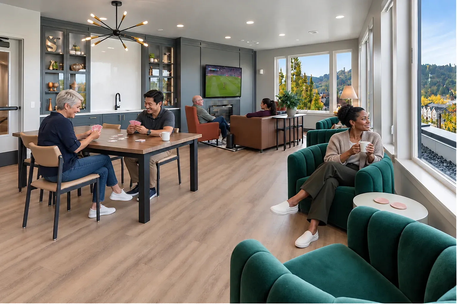 People enjoying the community lounge, playing cards, and relaxing.
