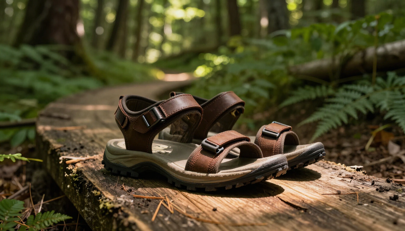 photorealistic close up of high quality supportive hiking sandals on a wooden trail natural sunlight forest background