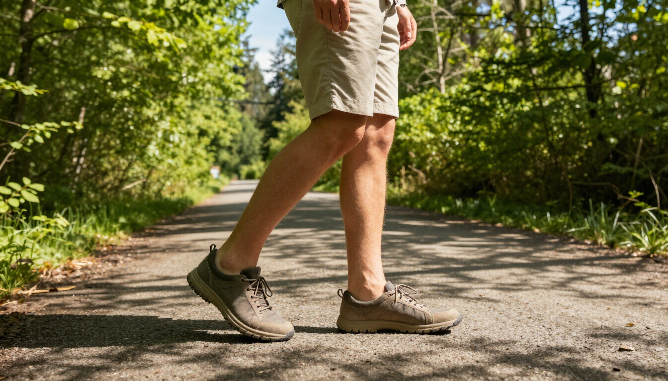 photorealistic person walking on a sunny path in Washington wearing supportive summer shoes natural lighting vibrant green trees